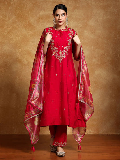 Dhiyona VA Women'sFloral Embroidered Mandarin Collar A-Line Kurta With Trousers & Dupatta