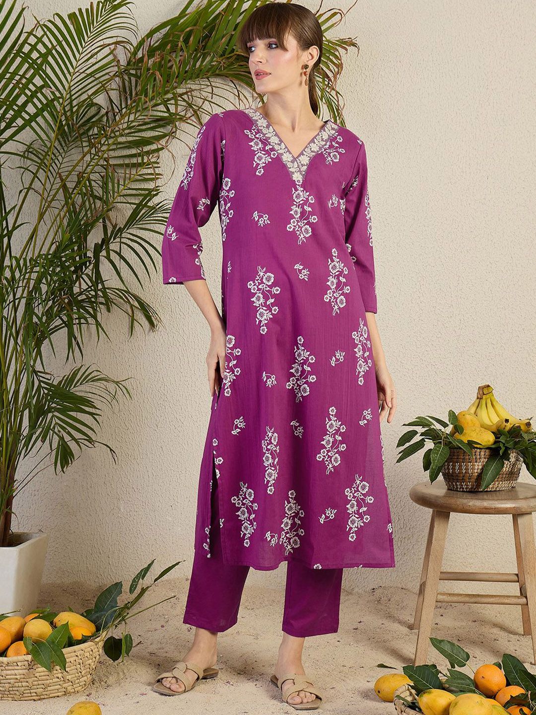 Women Floral Printed Regular Sequinned Cotton Kurta with Trousers & Dupatta