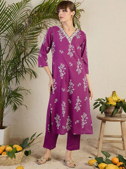 Women Floral Printed Regular Sequinned Cotton Kurta with Trousers & Dupatta