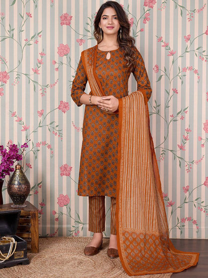 Dhiyona OD  Ethnic Motifs Printed Pure Cotton Kurta with Trousers & Dupatta