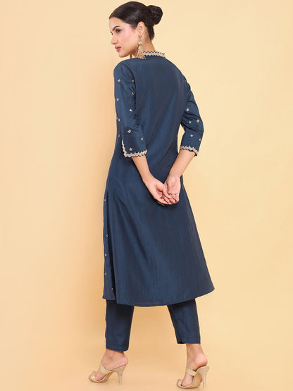 Dhiyona SO Women's Women Navy Blue Floral Embroidered Thread Work Pure Silk Kurta with Trousers