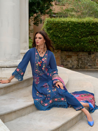 Women Floral Embroidered Panelled Thread Work Pure Silk Kurta with Trousers & With Dupatta