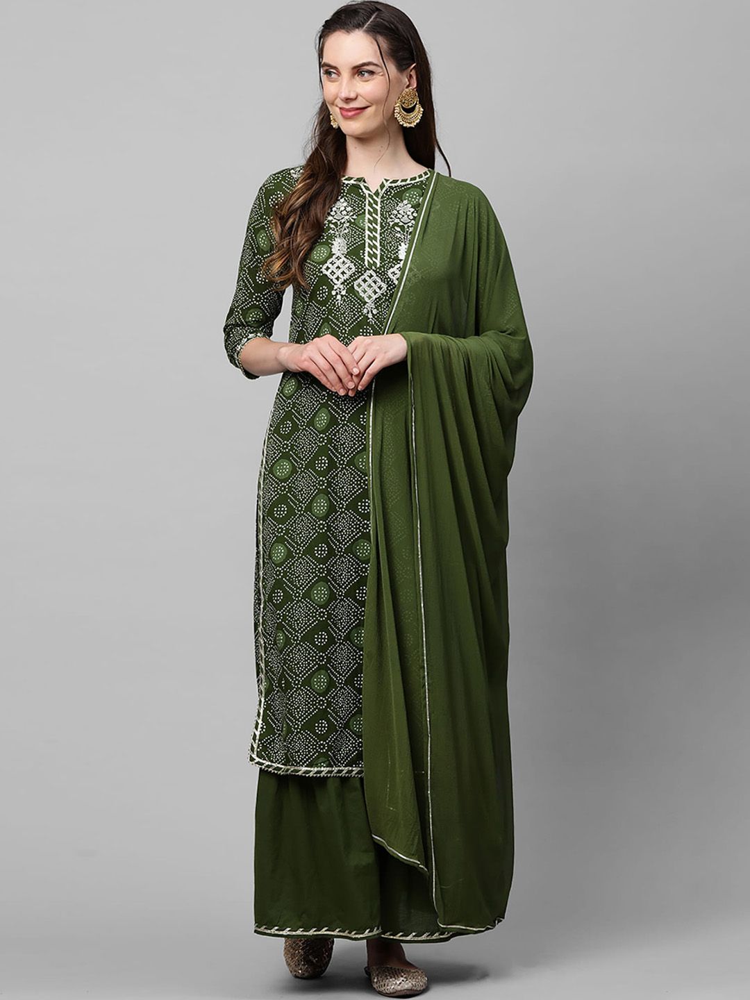 Dhiyona IE Women Green Bandhani Printed Regular Thread Work Kurta with Sharara & With Dupatta