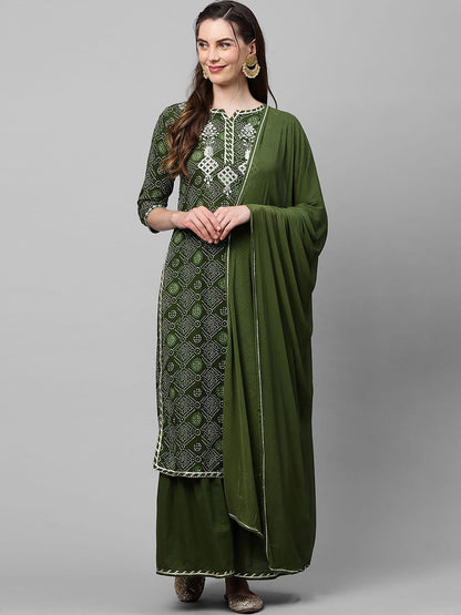 Women Green Bandhani Printed Regular Thread Work Kurta with Sharara & With Dupatta