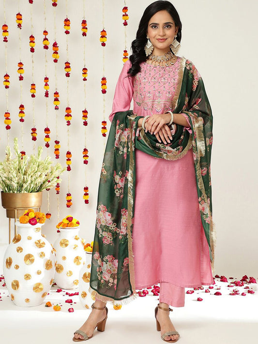 Dhiyona VA Women'sZari And Thread Work Embroidered Yoke Silk Kurta & Trousers With Dupatta