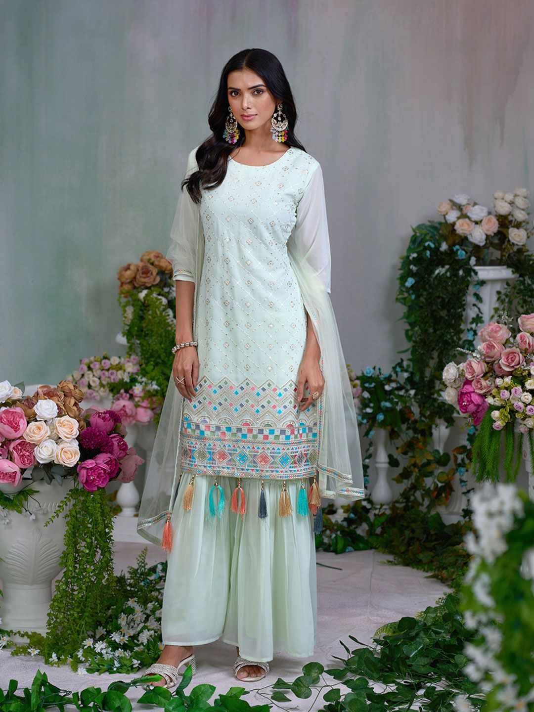 Dhiyona CH Floral Embroidered Sequinned Georgette Straight Kurta With Sharara & Dupatta
