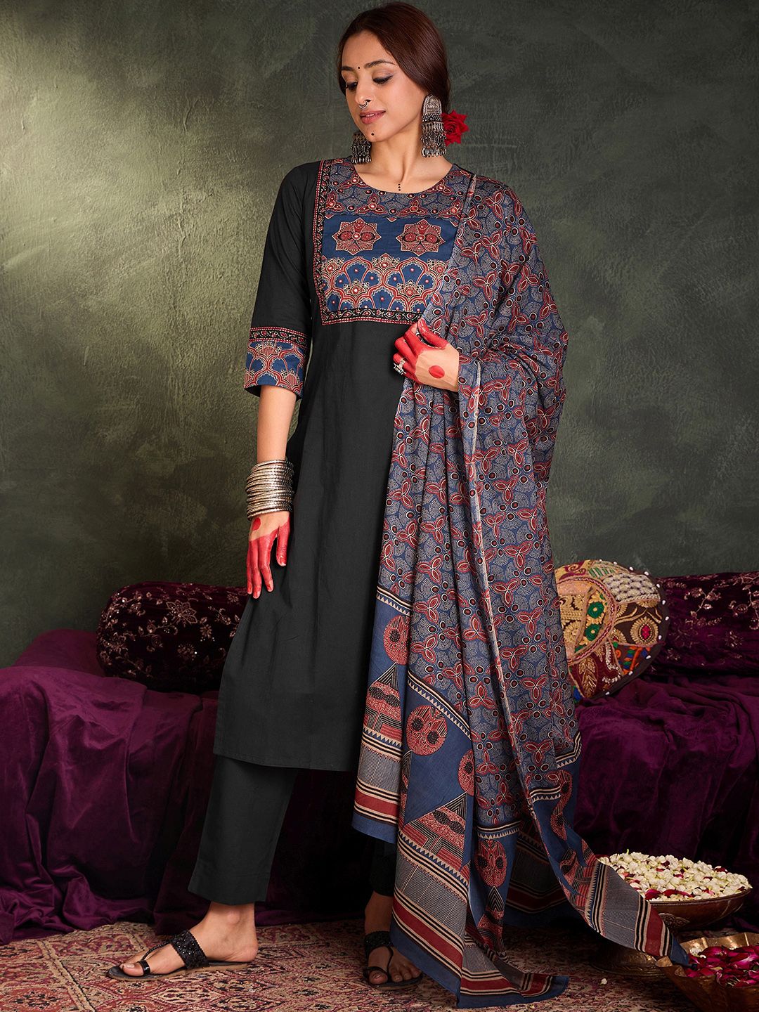 Floral Printed Round Neck Cotton Straight Kurta With Trousers & Dupatta