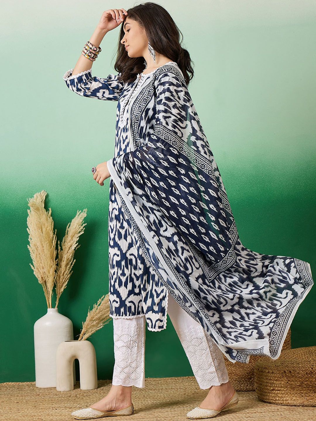 Dhiyona SN Women's Printed Pure Cotton Straight Kurta With Trousers & Dupatta