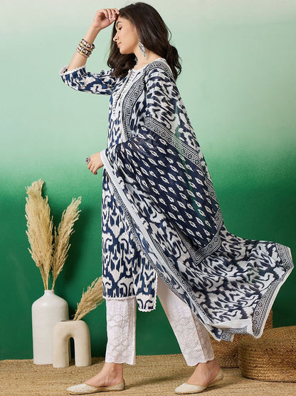 Dhiyona SN Women's Printed Pure Cotton Straight Kurta With Trousers & Dupatta