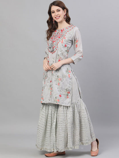 Dhiyona IS Women's Floral Embroidered Mirror Work Pure Silk Kurta with Sharara & Dupatta