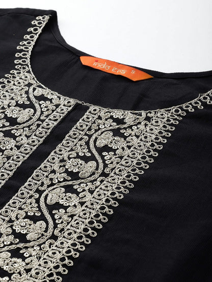 Dhiyona IE Ethnic Motifs Zari Embroidered Liva Kurta With Trousers & Dupatta