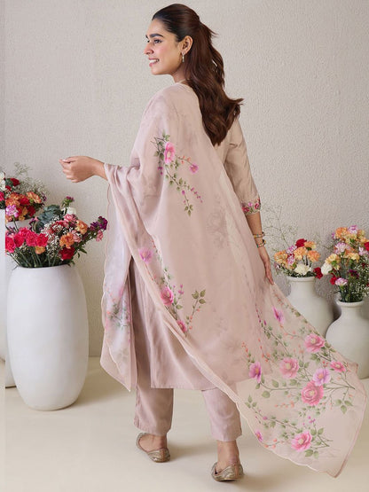 Floral Yoke Design Round Neck Thread Work Straight Kurta & Trousers & Dupatta