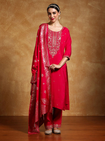 Dhiyona VA Women'sFloral Embroidered Round Neck Straight Kurta With Trousers & Dupatta