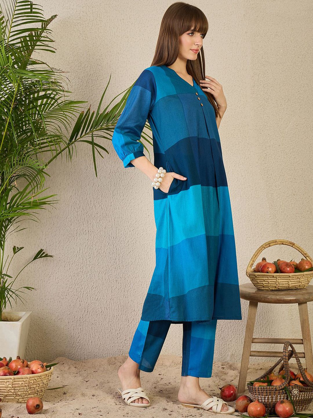 Women Colourblocked V-Neck A-Line Kurta with Trouser