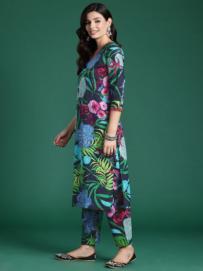 Dhiyona IE Women Floral Printed Regular Pure Cotton Kurta with Trousers