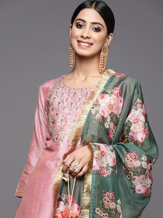 Dhiyona VA Women'sFloral Yoke Design Sequinned Dupion Silk Straight Kurta with Trouser & Dupatta