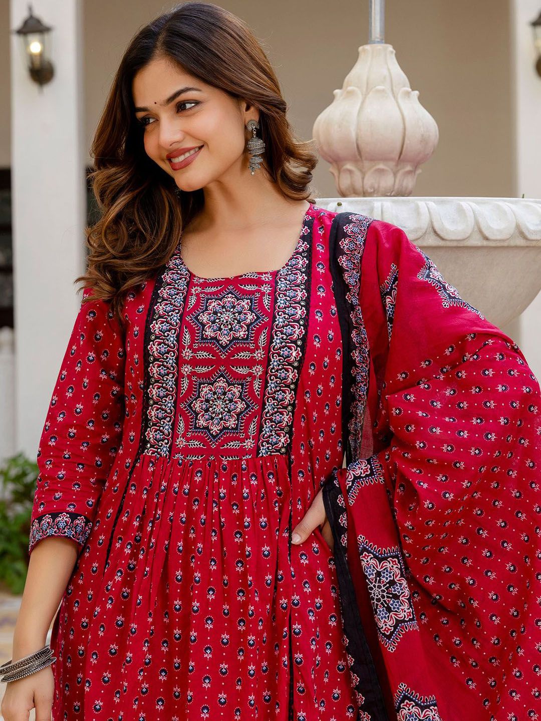 Ethnic Motifs Printed A Line Pure Cotton Kurta With Trousers & Dupatta