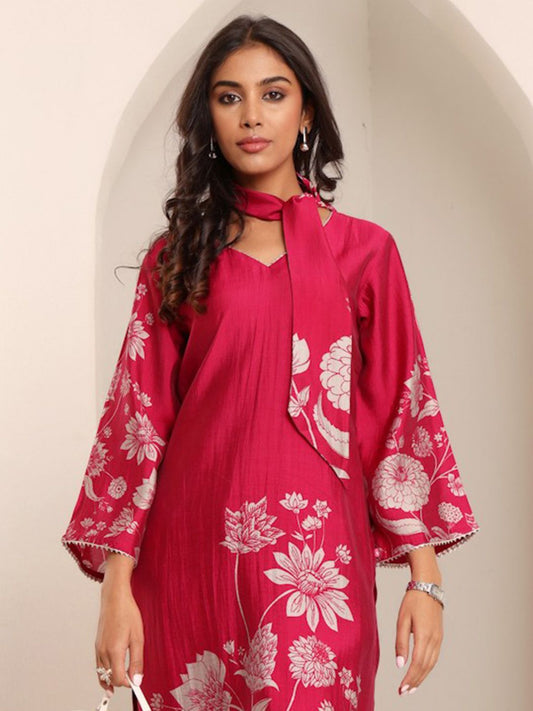 Dhiyona VA Women'sFloral Printed V-Neck Chanderi Silk A-line Kurta with Trousers