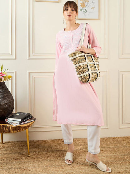Dhiyona IE Floral Yoke Design Round Neck Thread Work Straight Kurta