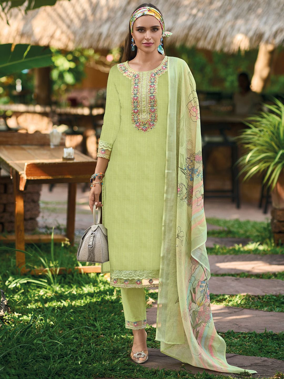 Floral Embroidered Pure Cotton Straight Kurta With Trousers & Dupatta