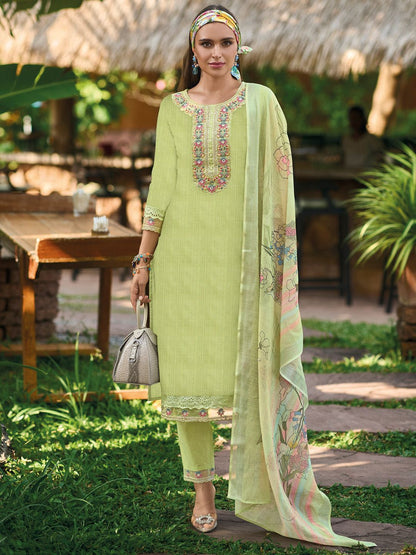 Floral Embroidered Pure Cotton Straight Kurta With Trousers & Dupatta