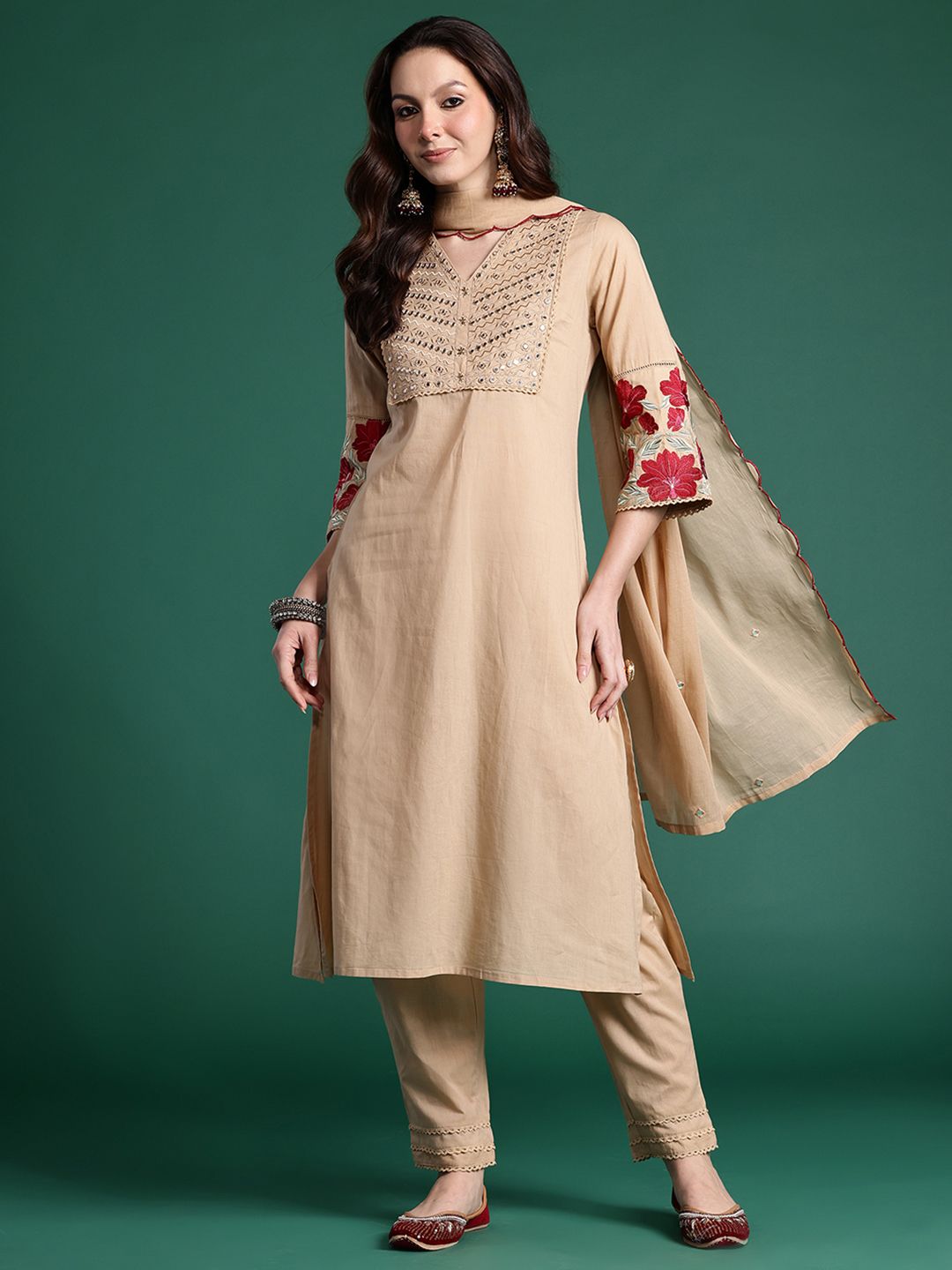 Floral Embroidered Kurta with Trousers & Dupatta