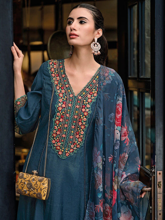 Dhiyona IE Floral Embroidered Panelled Thread Work A-Line Kurta With Trousers & Dupatta