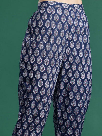Dhiyona IE Floral Printed Angrakha Mirror Work Pure Cotton Kurta with Trousers