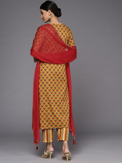 Dhiyona VA Women's Mustard Yellow Ethnic Motifs Printed Pure Cotton Kurta with Trousers & With Dupatta