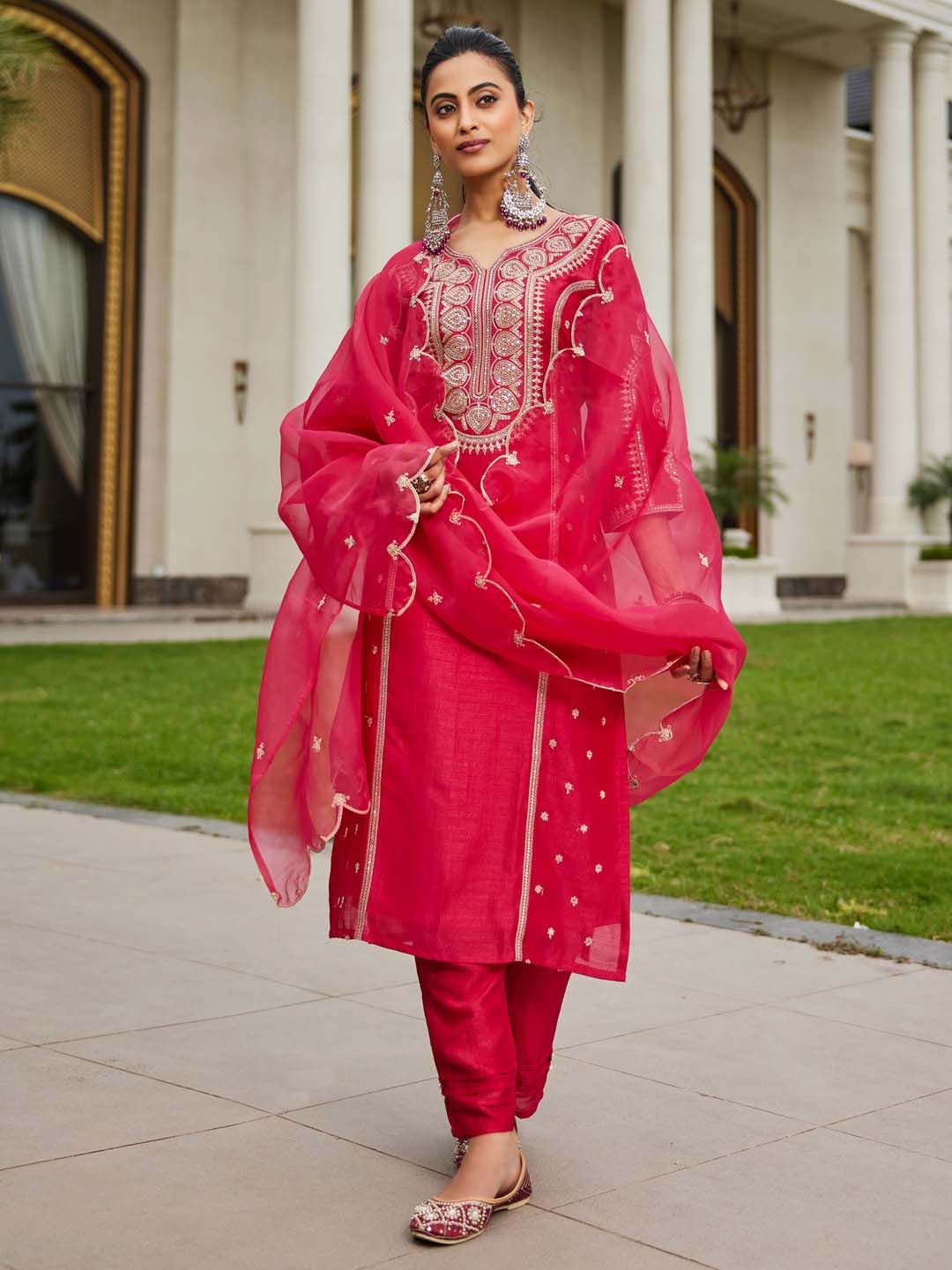 Women Ethnic Motifs Embroidered Panelled Kurta with Trousers & With Dupatta