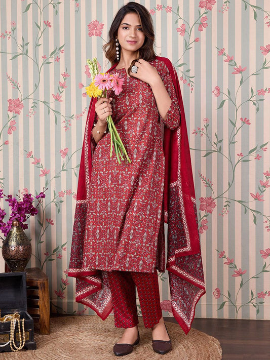Dhiyona OD  Floral Printed Regular Pure Cotton Kurta with Trousers & Dupatta