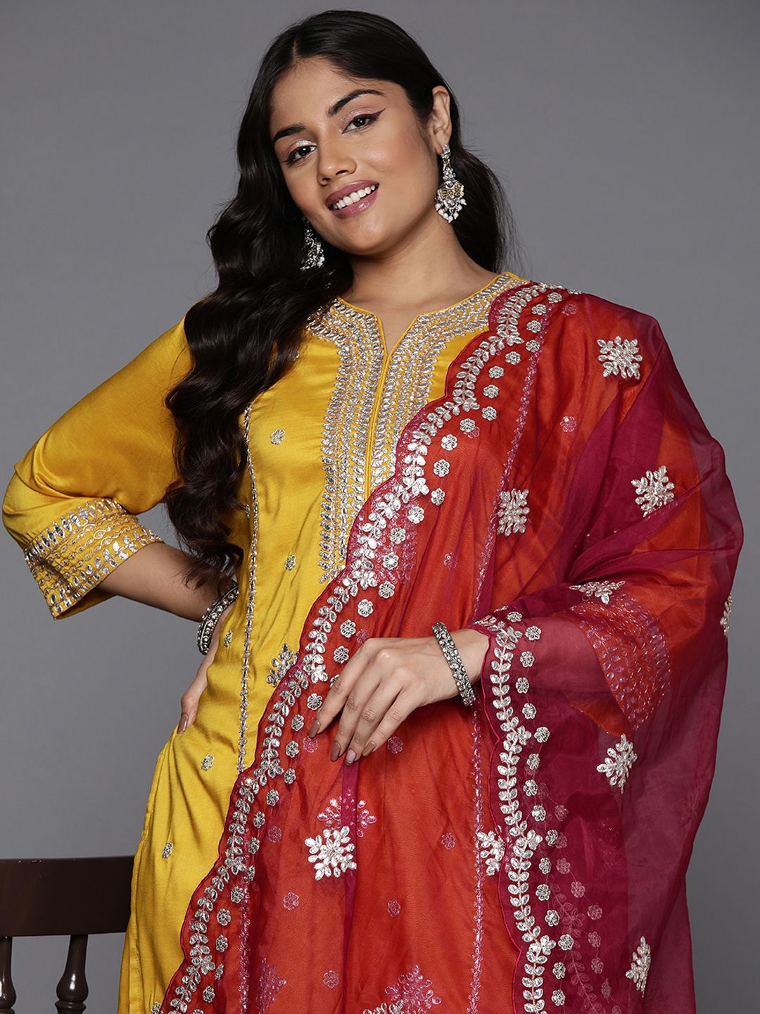 Dhiyona IE Women Plus Size Ethnic Motifs Embroidered Kurta with Trousers & With Dupatta