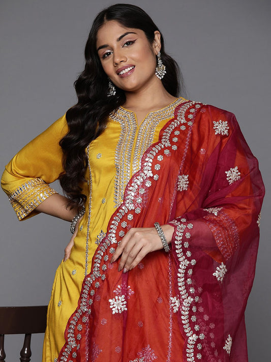 Dhiyona IE Women Plus Size Ethnic Motifs Embroidered Kurta with Trousers & With Dupatta