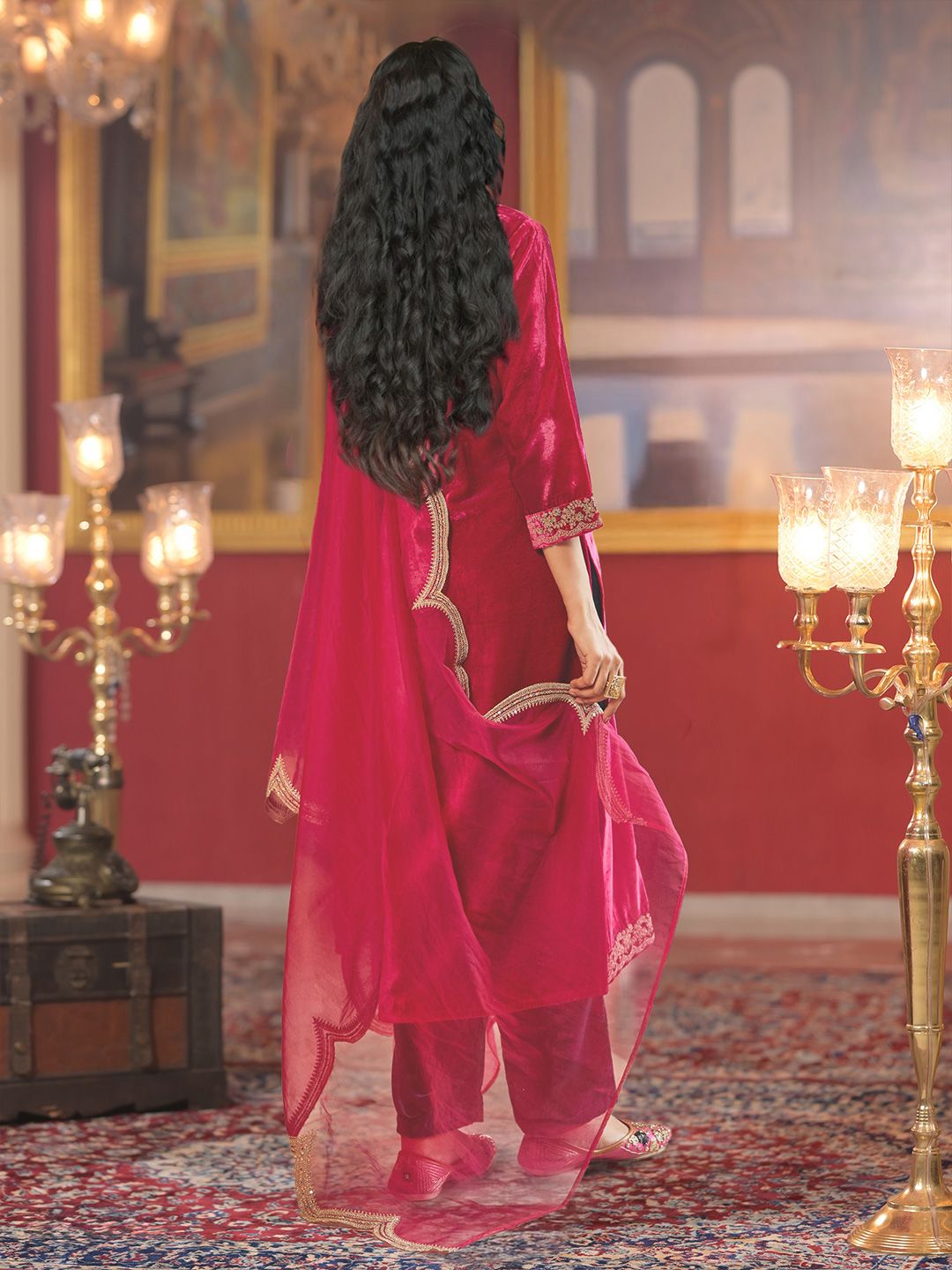 Ethnic Motifs Embroidered Sequinned Velvet Kurta With Trousers & Dupatta