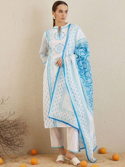 Dhiyona IE Ethnic Motifs Printed Regular Pure Cotton Kurta with Trousers & Dupatta