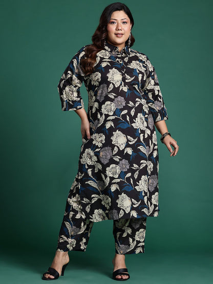 Plus Size Floral Printed Fusion Pure Cotton Kurta with Trousers