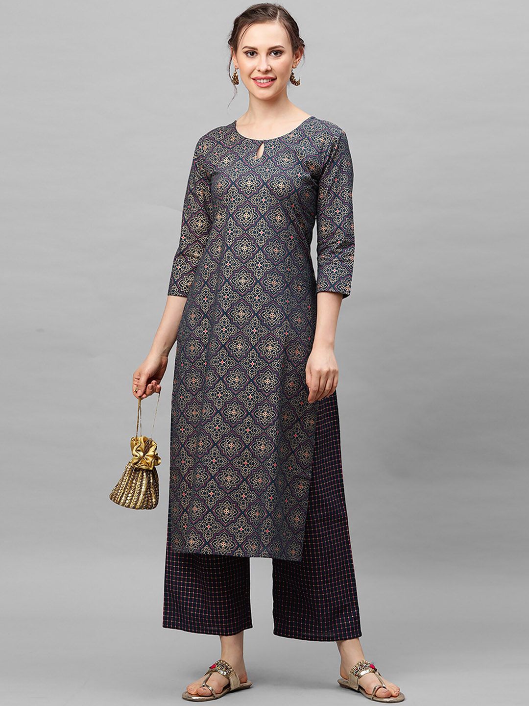 Women Navy Blue Printed Regular Straight Keyhole Neck Pure Cotton Kurta Set