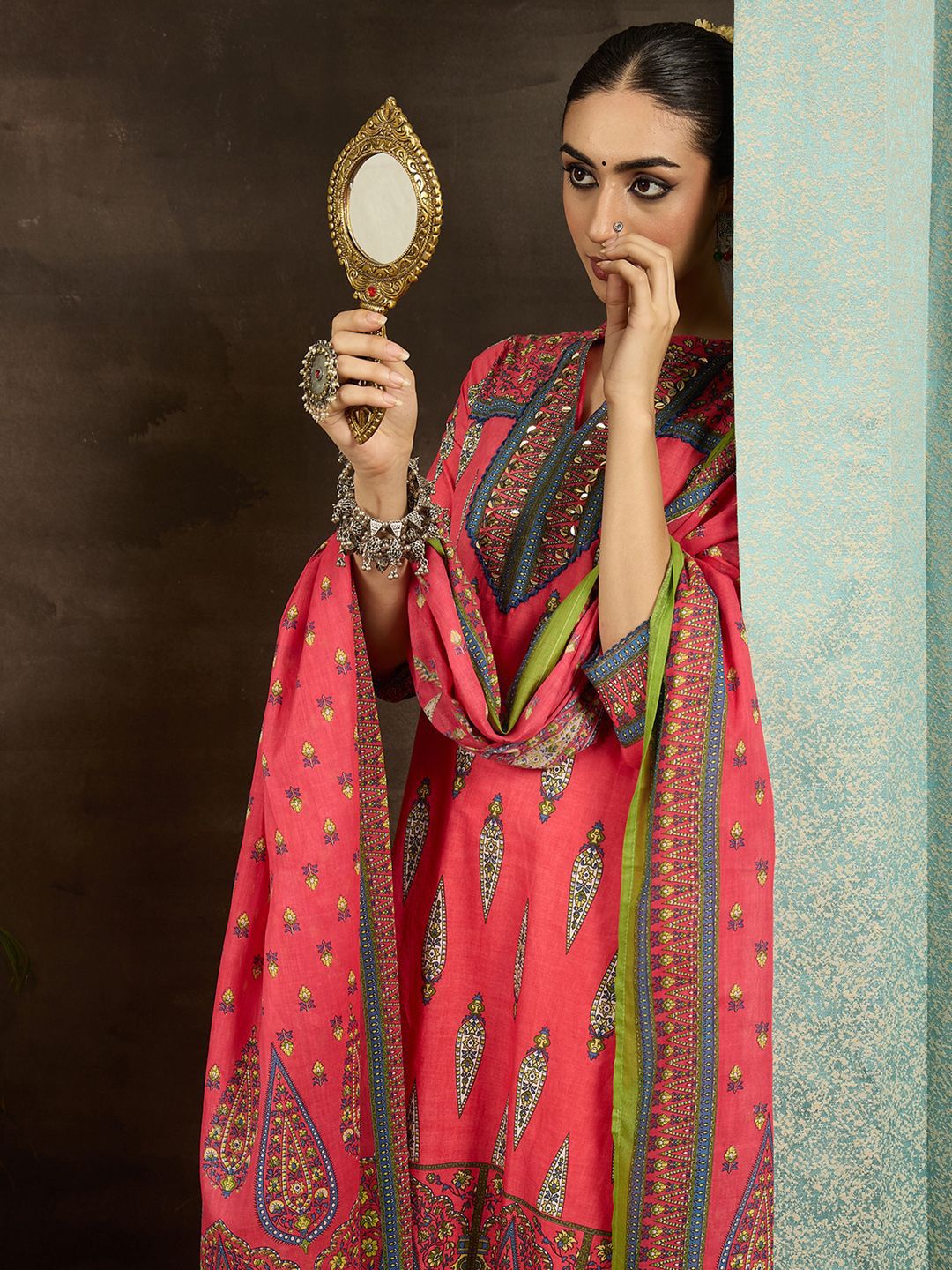 Ethnic Motifs Printed Pure Cotton Straight Kurta With Trousers & Dupatta