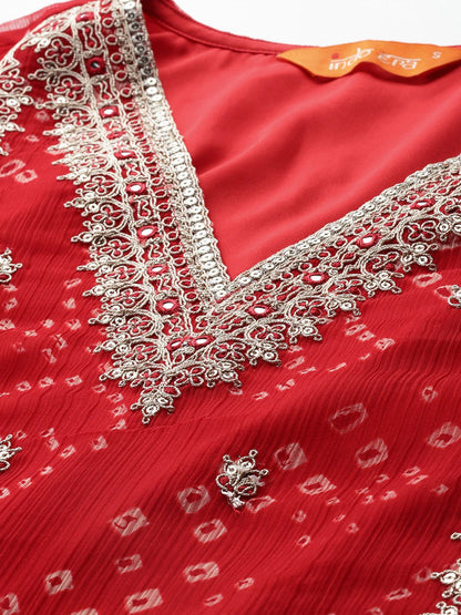 Dhiyona IE Bandhani Printed Zari Panelled Kurta With Trousers & Dupatta