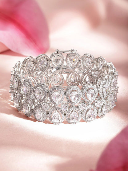 Dhiyona RJ Women's Rhodium-Plated Crystal AD & AAA Cubic Zirconia Studded Statement Bracelet