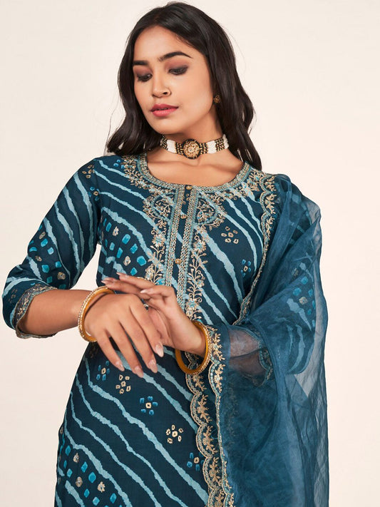 Dhiyona SN Women's Leheriya Embroidered Straight Kurta With Trousers & Dupatta
