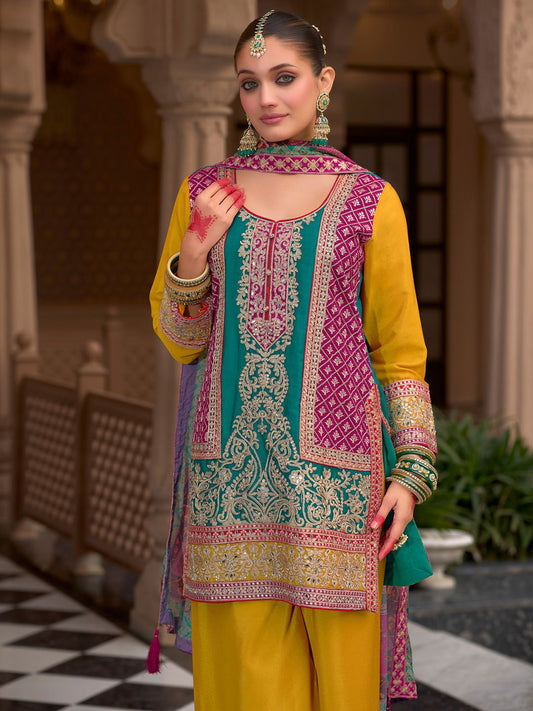 Dhiyona IE Floral Embroidered Round Neck Mirror Work Kura With Palazzos & Dupatta