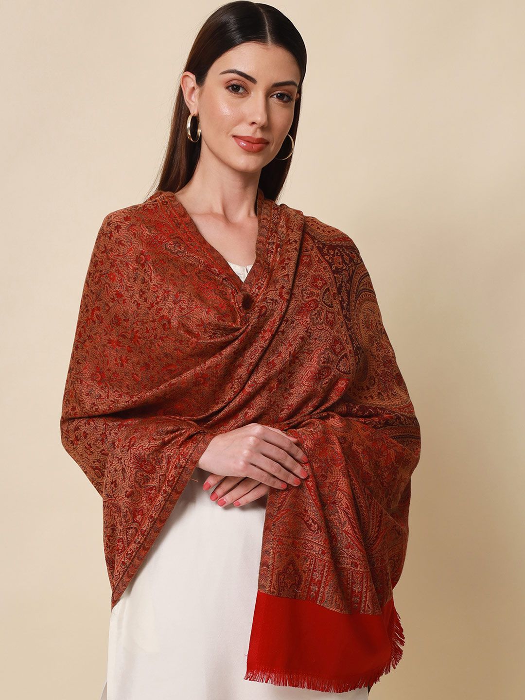 Dhiyona PA Women Red & Brown Woven-Design Jamawar Shawl