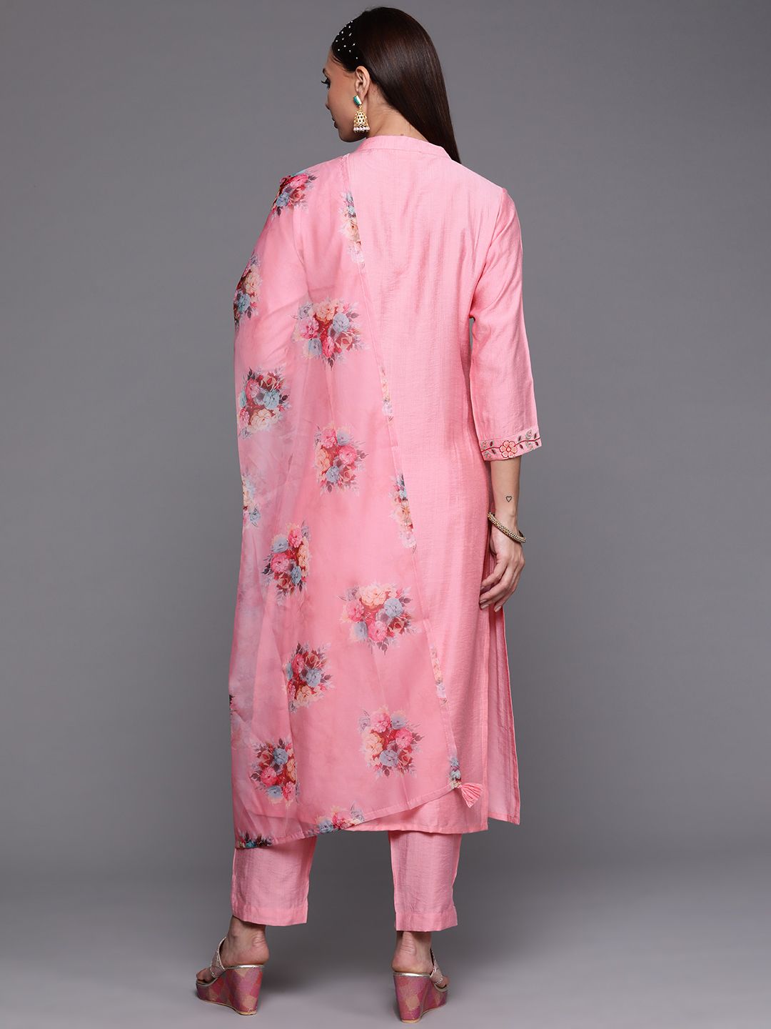 Women Pink Ethnic Motifs Embroidered Kurta with Trousers & With Dupatta
