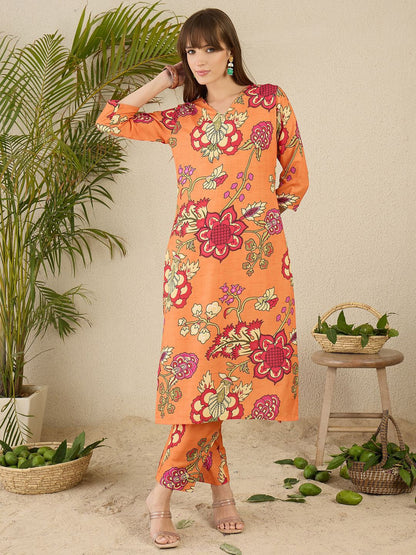 Dhiyona IE Floral Screen Printed V-Neck Straight Kurta With Trousers