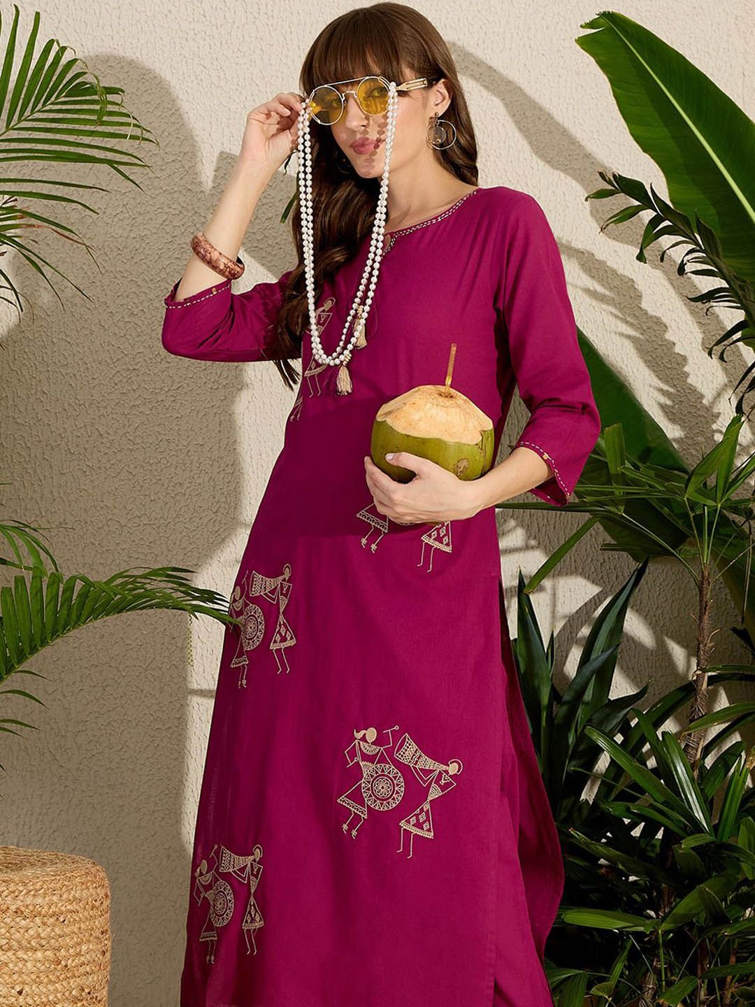Dhiyona IE Women's Women Embroidered Regular Pure Cotton Kurta with Trousers