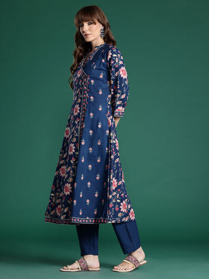 Dhiyona IE Floral Printed Angrakha Pure Cotton Kurta with Trousers & Dupatta
