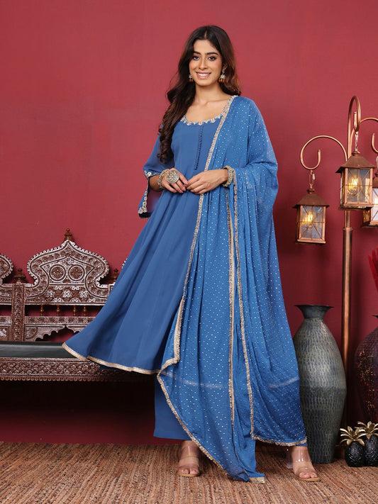 Dhiyona VA Women'sFloral Embroidered Silk Georgette Anarkali Kurta With Palazzos & Dupatta