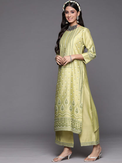 Dhiyona IE Women Green Floral Printed Liva Kurta with Palazzos & With Dupatta