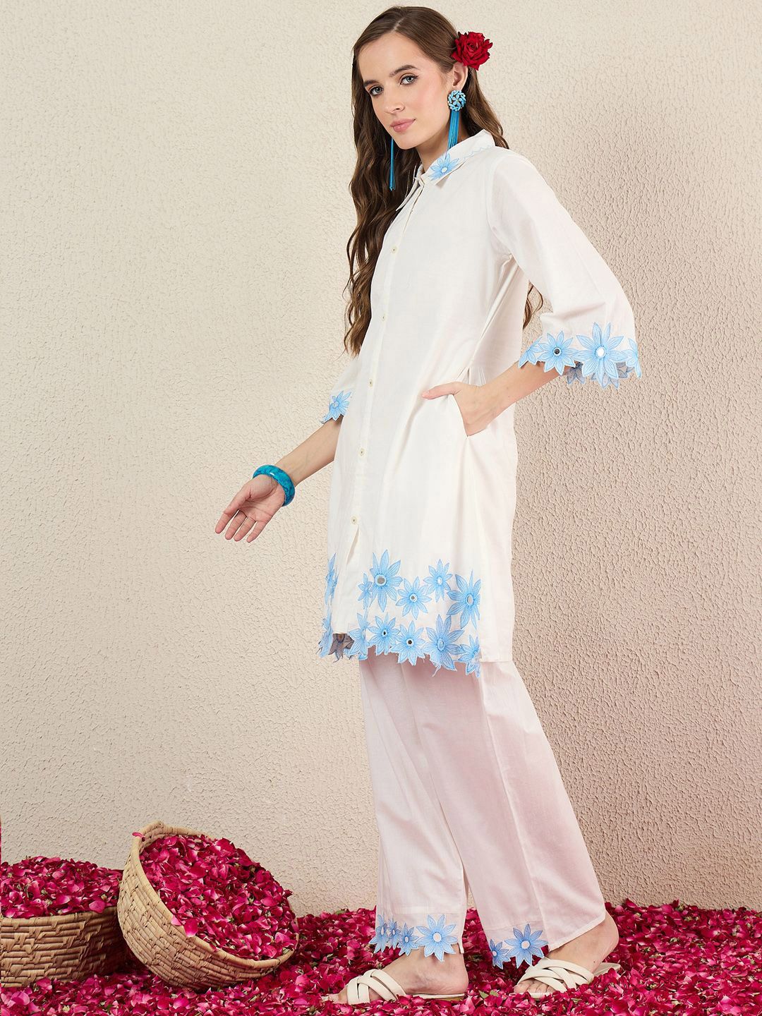 Women Solid Embroidered Cotton Kurta with Palazzos